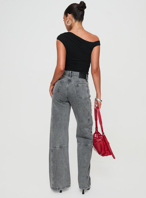 back view of model wearing Princess Polly Chad Cargo Jeans Grey Wash Denim Mid Rise 