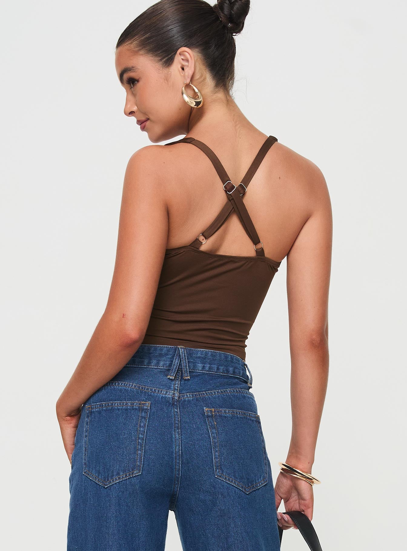 back view of model wearing Princess Polly Wandella Tank Brown Sleeveless Sweetheart 