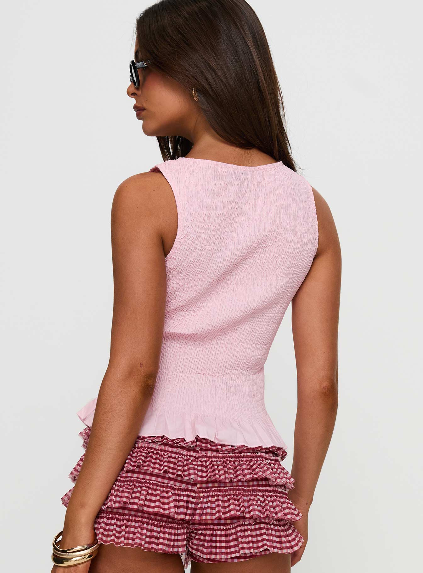 back view of model wearing Princess Polly Chauntelle Ruched Top Pink Sleeveless Crew Neck 
