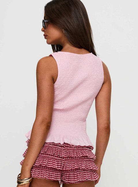 back view of model wearing Princess Polly Chauntelle Ruched Top Pink Sleeveless Crew Neck 