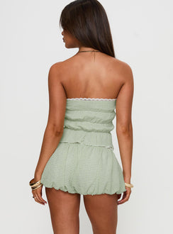back view of model wearing Princess Polly Short And Sweet Shorts Green Check Low Rise Shorts 