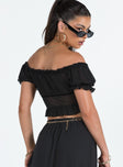 Crop top Mesh material Puff sleeve Ruched design Frill hem Good stretch Partially lined