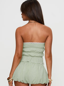back view of model wearing Princess Polly Short And Sweet Strapless Top Green Check Sleeveless straight 