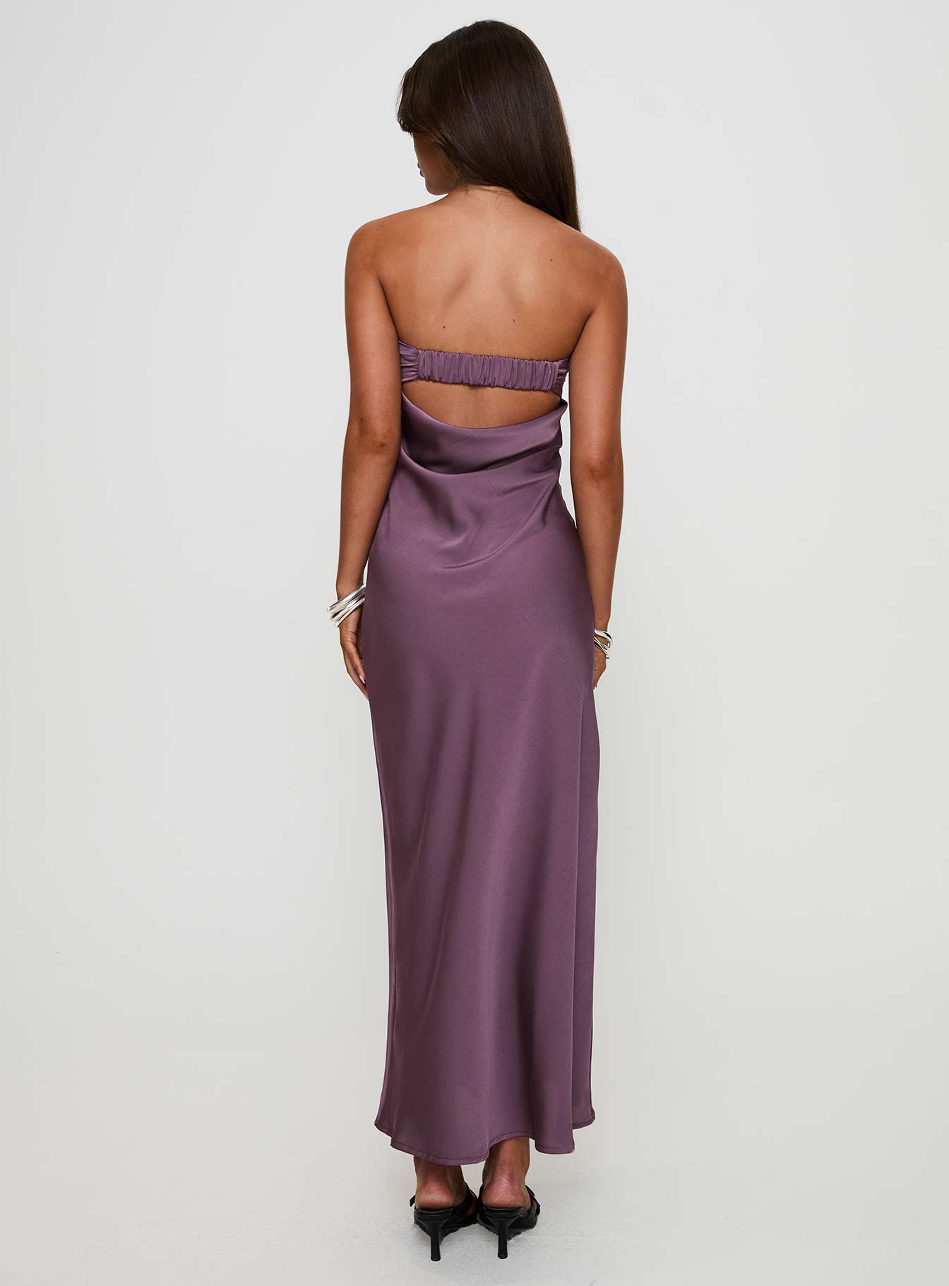 back view of model wearing Princess Polly Maryska Strapless Maxi Dress Purple Sweetheart Neckline 