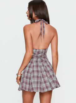 Out Of Nowhere Halter Mini Dress Burgundy / Pink Check