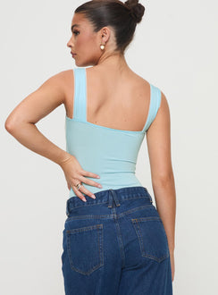 back view of model wearing Princess Polly Keating Bodysuit Baby Blue Sleeveless Square Neck 