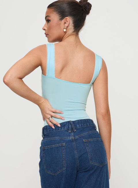 back view of model wearing Princess Polly Keating Bodysuit Baby Blue Sleeveless Square Neck 