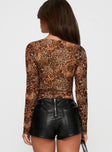 back view of model wearing Princess Polly Elixia Long Sleeve Bodysuit Leopard Full Sleeves 