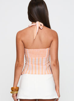 back view of model wearing Princess Polly Isabetta Halter Top Orange Stripe Sleeveless Sweetheart 