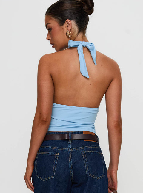 back view of model wearing Princess Polly Whimsy Halter Top Blue Sleeveless Plunger 