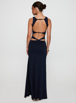 back view of model wearing Princess Polly Undeniable Cut Out Maxi Dress Navy High Neck 