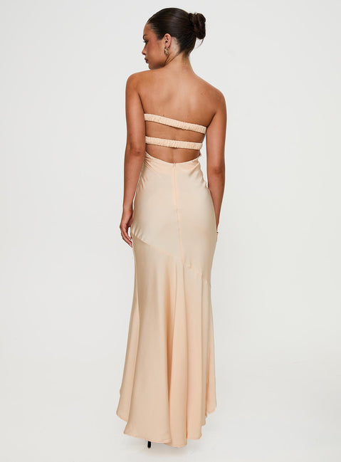 back view of model wearing Princess Polly Stand A Chance Twist Detail Maxi Dress Champagne Sweetheart Neckline 