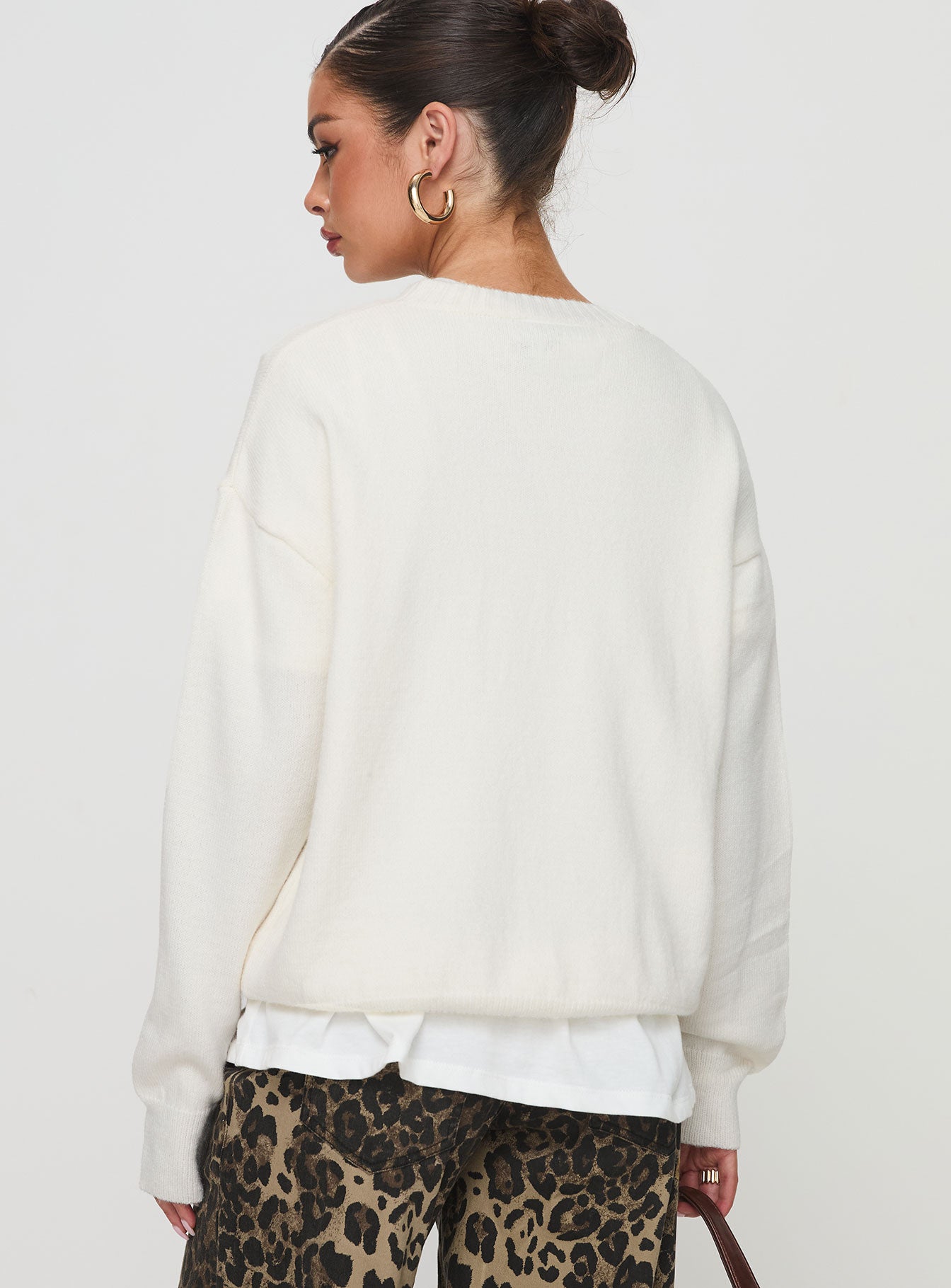 back view of model wearing Princess Polly Cherry Dreams Knit Jumper Cream Long 