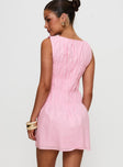 back view of model wearing Princess Polly Evony Shirred Mini Dress Pink Crew Neck 