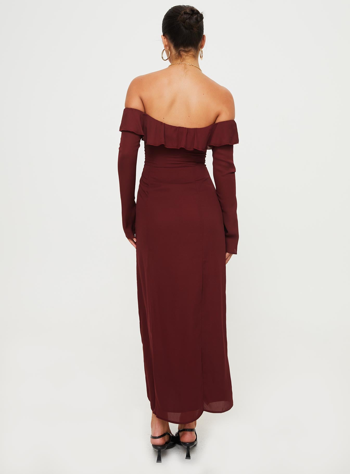 product Princess Polly Asymmetric Neckline  Molins Off The Shoulder Maxi Dress Burgundy