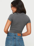 back view of model wearing Princess Polly Kandis Bodysuit Marle Grey Short Sleeves V-Neck 