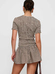 back view of model wearing Princess Polly Laurita Shirred Mini Dress Brown Check High Neck 