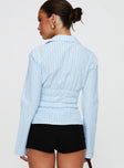 back view of model wearing Princess Polly Liesel Shirred Long Sleeve Top Stripe Full Sleeves V-Neck 