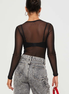 back view of model wearing Princess Polly Minsky Long Sleeve Mesh Bodysuit Black Full Sleeves 
