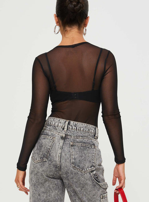 back view of model wearing Princess Polly Minsky Long Sleeve Mesh Bodysuit Black Full Sleeves 