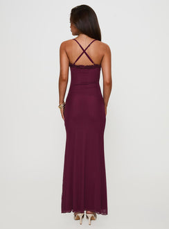 back view of model wearing Princess Polly Soulina Ruched Maxi Dress Purple Sweetheart Neckline 