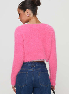 back view of model wearing Princess Polly Just A Girl Cardigan Pink cropped 