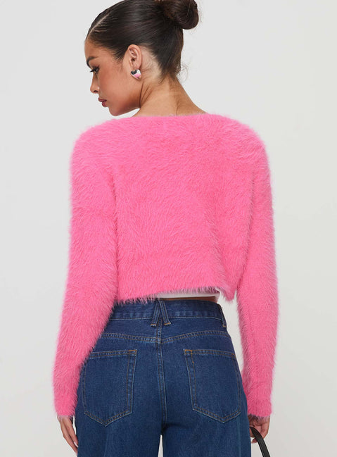 back view of model wearing Princess Polly Just A Girl Cardigan Pink cropped 