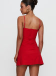 back view of model wearing Princess Polly Besotted Ruched Mini Dress Red Sweetheart Neckline 