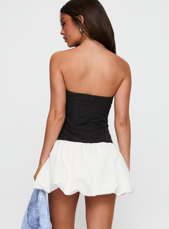 back view of model wearing Princess Polly Delicacies Bubble Hem Mini Dress Black / White Straight Neck 