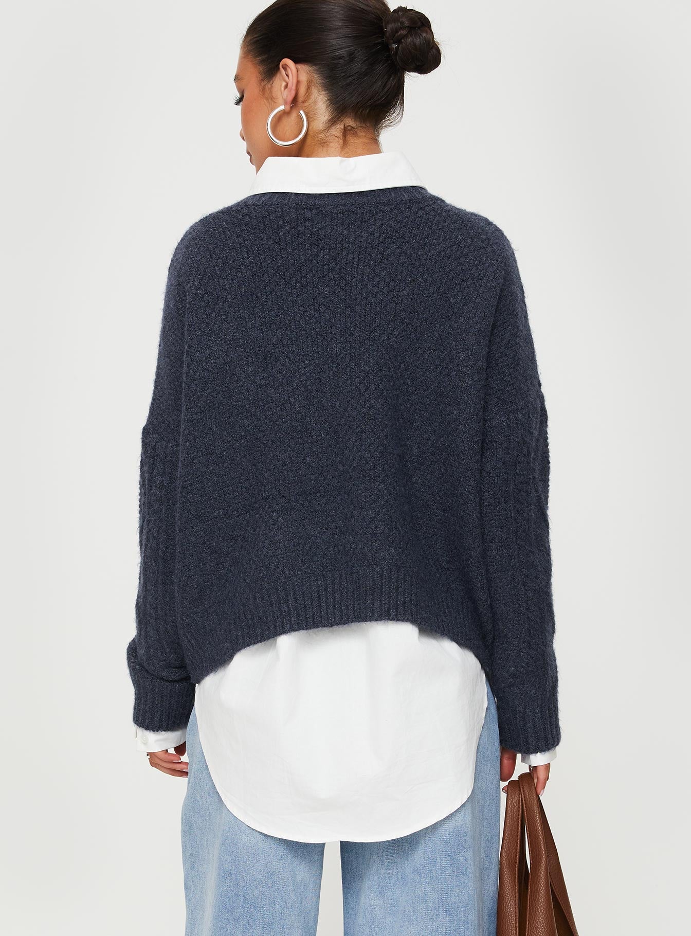 back view of model wearing Princess Polly Canlish Cable Knit Sweater Navy Cropped 