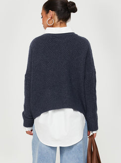 back view of model wearing Princess Polly Canlish Cable Knit Sweater Navy Cropped 