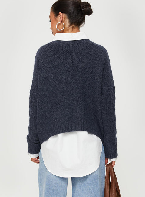 back view of model wearing Princess Polly Canlish Cable Knit Sweater Navy Cropped 