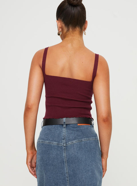 Front view of model wearing  front Princess Polly Sleeveless Square Neck  Dalma Twist Top Wine