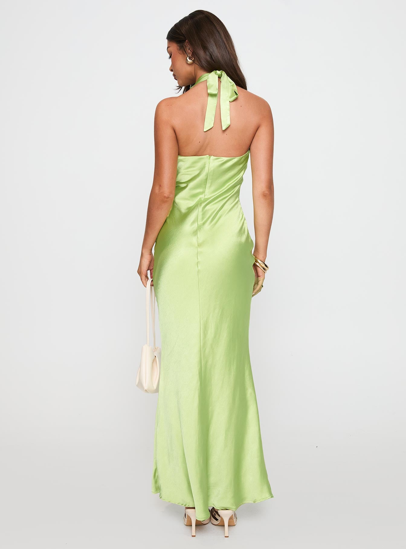 back view of model wearing Princess Polly Gloriana Halter Maxi Dress Green Plunger 