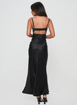 back view of model wearing Princess Polly Fadyen Bias Cut Maxi Dress Black Petite Sweetheart Neckline 