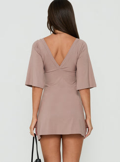Reyya 3/4 Sleeve V Neck Mini Dress Taupe