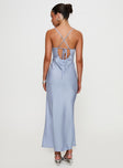 back view of model wearing Princess Polly Treasure Bias Cut Maxi Dress Blue V-Neck 