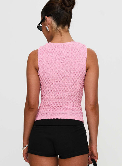 back view of model wearing Princess Polly Goodnight And Go Textured Top Pink Sleeveless Crew Neck 