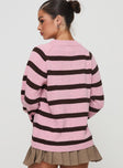 back view of model wearing Princess Polly Jacquette Knit Sweater Pink / Brown Long 