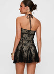 back view of model wearing Princess Polly Delamere Lace Mini Dress Black Straight Neck 