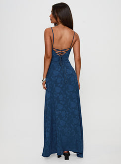 back view of model wearing Princess Polly South Of France Maxi Dress Navy Square Neck 