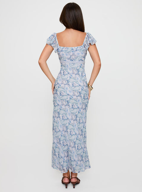 back view of model wearing Princess Polly Dahleia Maxi Dress Blue Paisley V-Neck 
