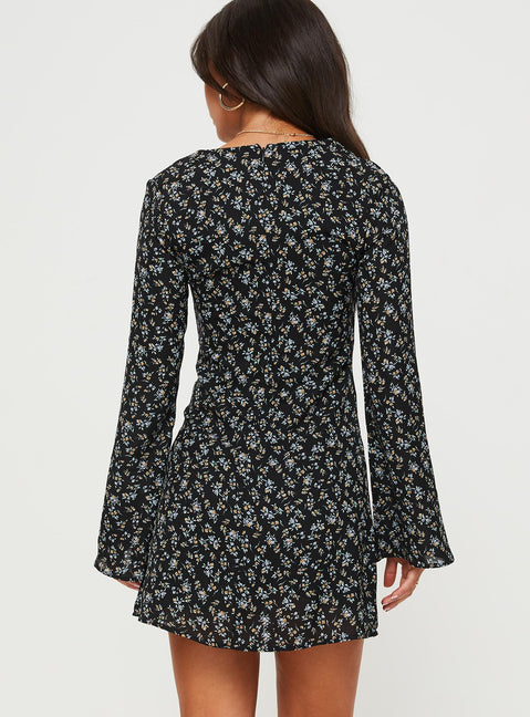 product Princess Polly Asymmetric Neckline  Malop Long Sleeve Mini Dress Black Floral