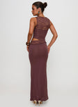 back view of model wearing Princess Polly Vesperine Lace Maxi Dress Cocoa Brown High Neck 