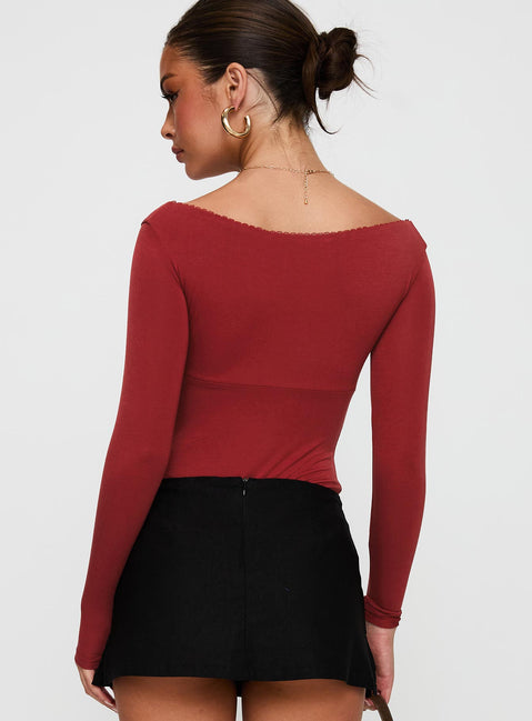 back view of model wearing Princess Polly Loveydove Bodysuit Burgundy Long Sleeve Tops 