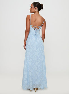 back view of model wearing Princess Polly South Of France Maxi Dress Blue Square Neck 