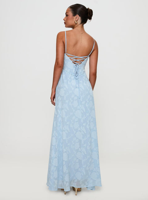 back view of model wearing Princess Polly South Of France Maxi Dress Blue Square Neck 
