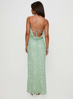 back view of model wearing Princess Polly Zoelle Halter Maxi Dress Sage V-Neck 