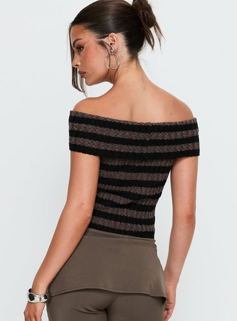 Murmur Off Shoulder Top Brown / Black Stripe