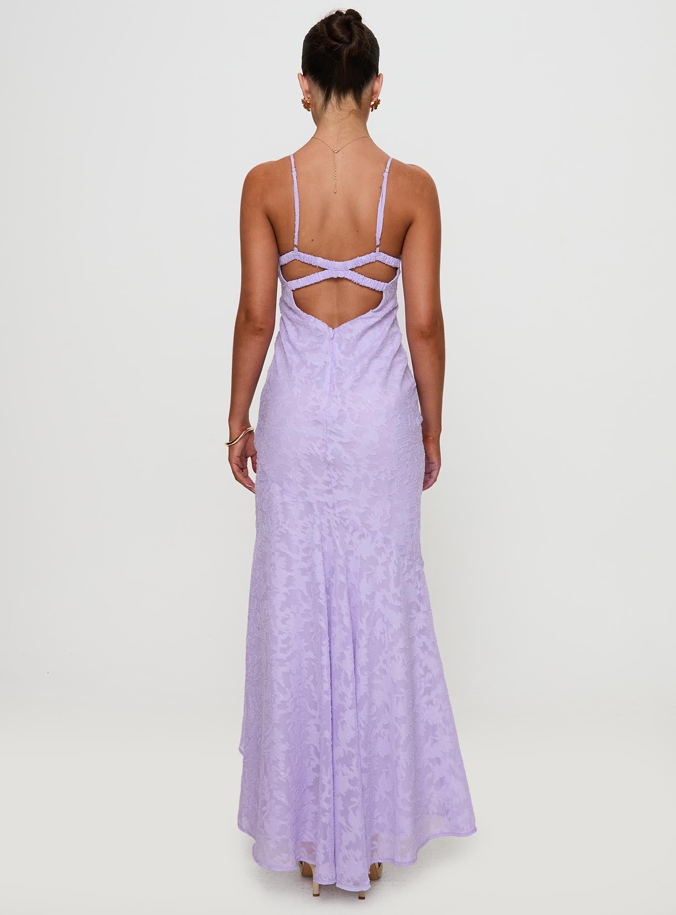 back view of model wearing Princess Polly Cyrene Maxi Dress Lilac Plunger 